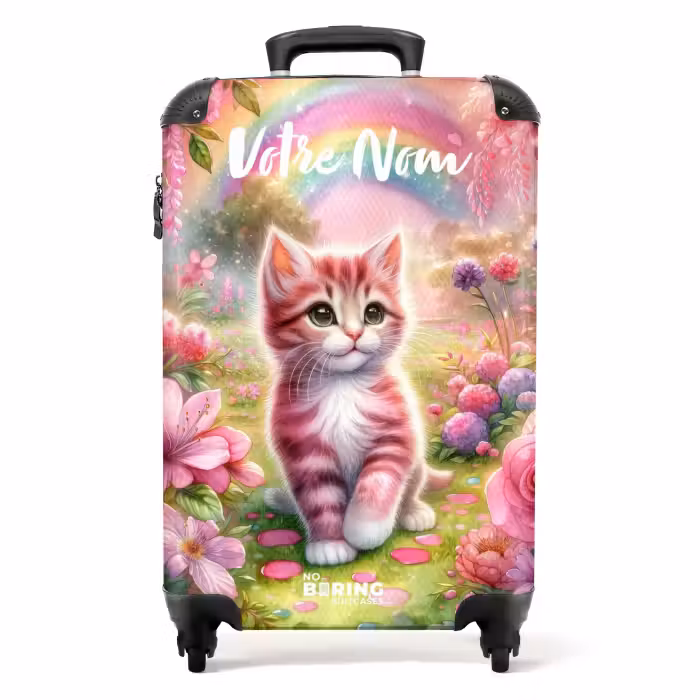 Valise avec nom - Chaton arc-en-ciel rose