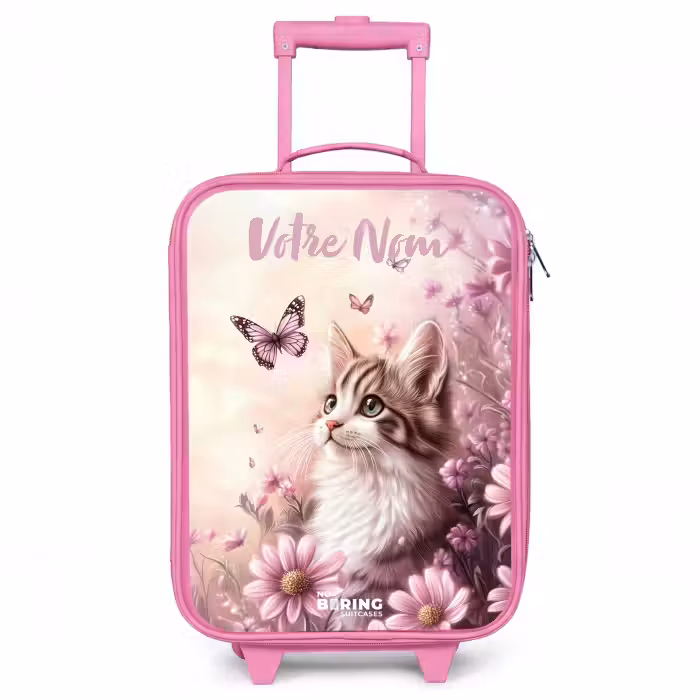Valise enfant avec nom - Rose - Chaton - Papillons - Violet - Fleurs